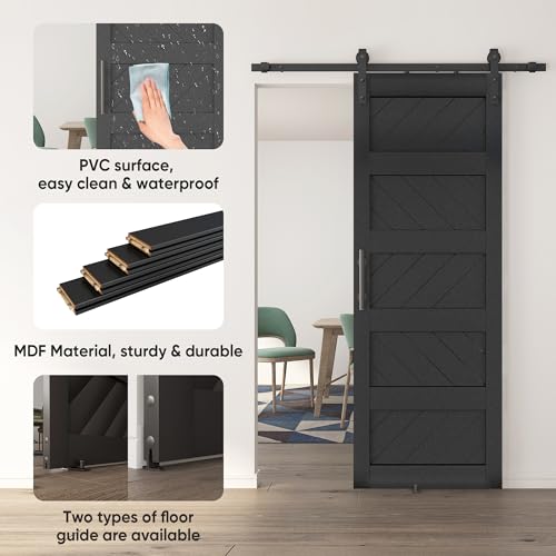 JUBEST 36" x 84" Barn Door, Slding Barn Door Kit Wave Shape Barn Door Panel with Hardware Kit Include, Easy Installation, Solid Wood, MDF & PVC Covered, Black