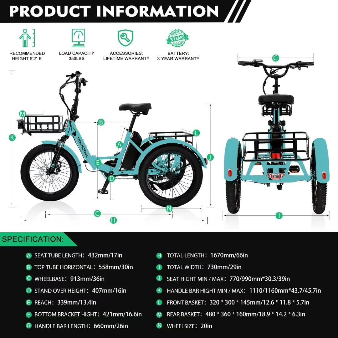 LILYPELLE Electric Folding Tricycle for Adults & Seniors,with 500W Motor & 48v 14.5Ah Detachable lithium battery, 20*3in Fat Tires,Big basket