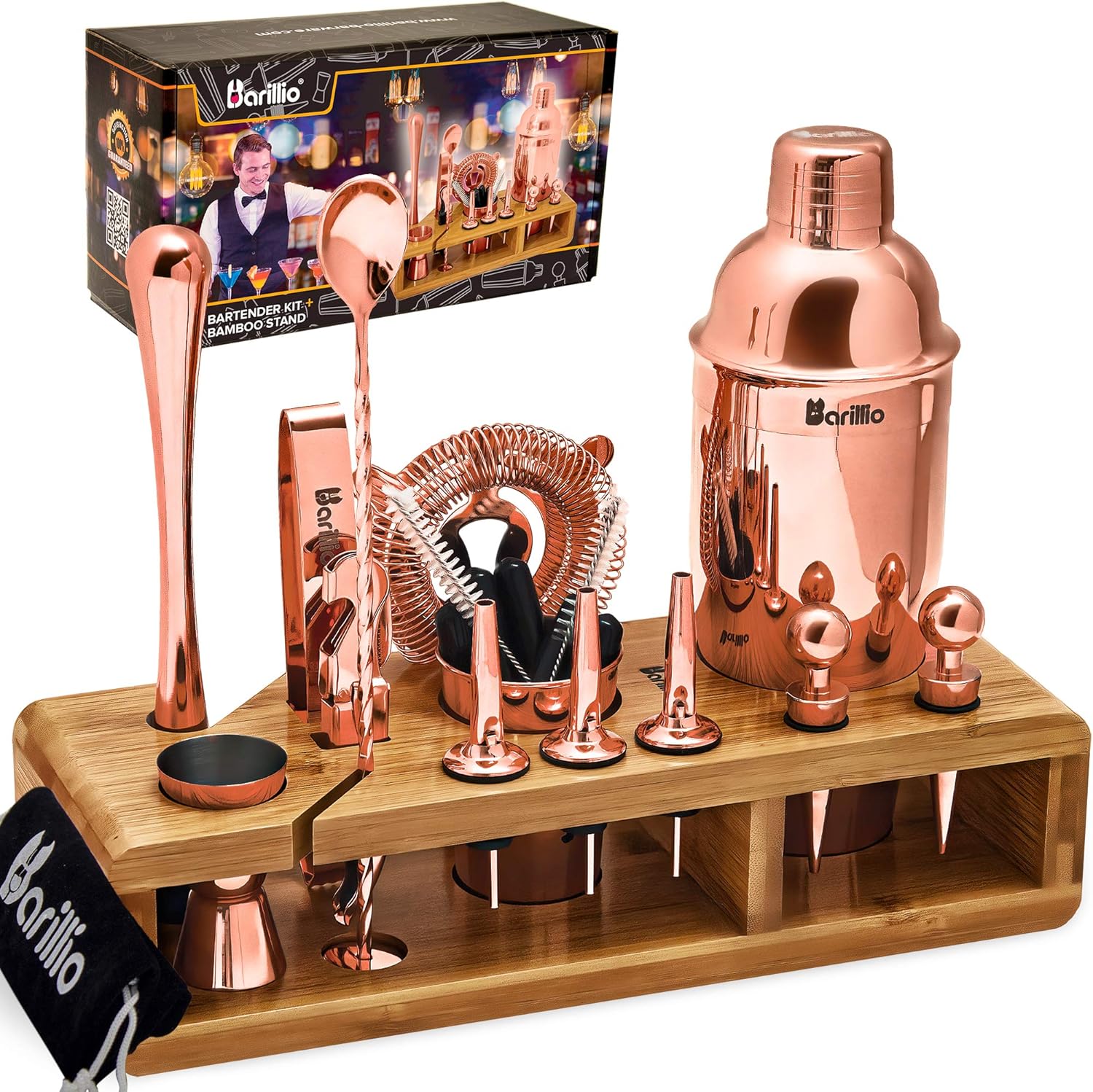 Black 23-Piece Bartender Kit Cocktail Shaker Set by BARILLIO: Stainless Steel Bar Tools With Sleek Bamboo Stand, Velvet Carry Bag & Recipes Booklet | Ultimate Drink Mixing Adventure