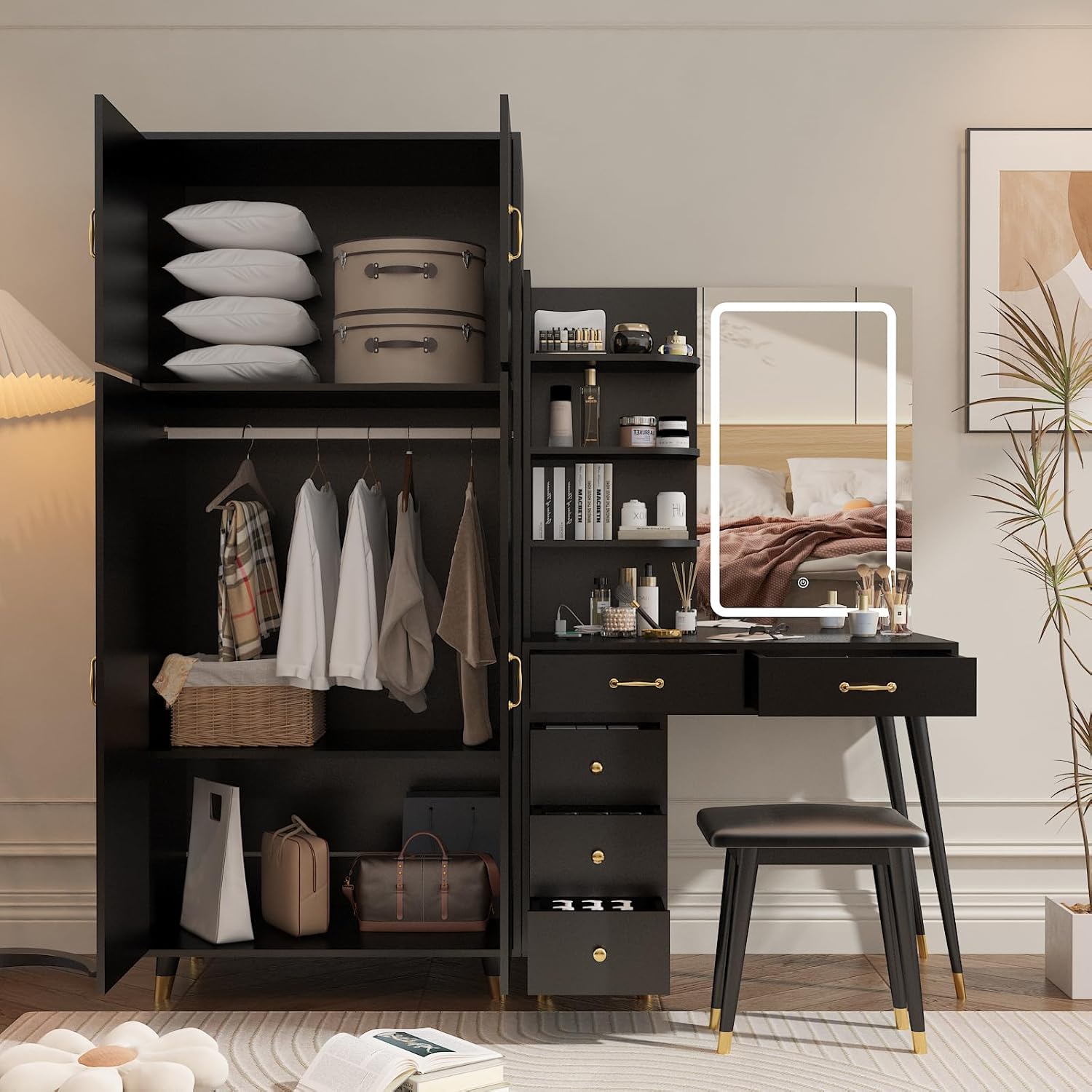 Black Makeup Vanity Desk with 4 Door Bedroom Closet, Lights Mirror, Black Vanity Table and Stool Set, Dressing Table with Armoire Wardrobe Set, Vanity Desk and Tall Storge Cabinet 170 x 50 x 185CM