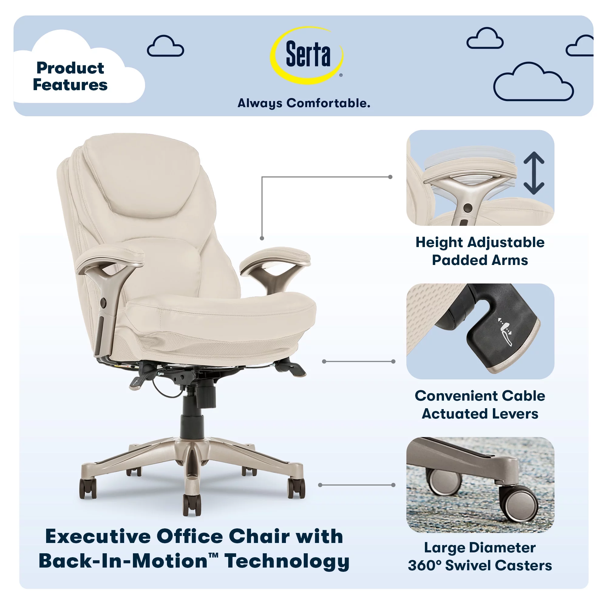 Serta Bonded Leather Office Chair with True Wellness BIM Tech, 250 lb. Capacity, Ivory