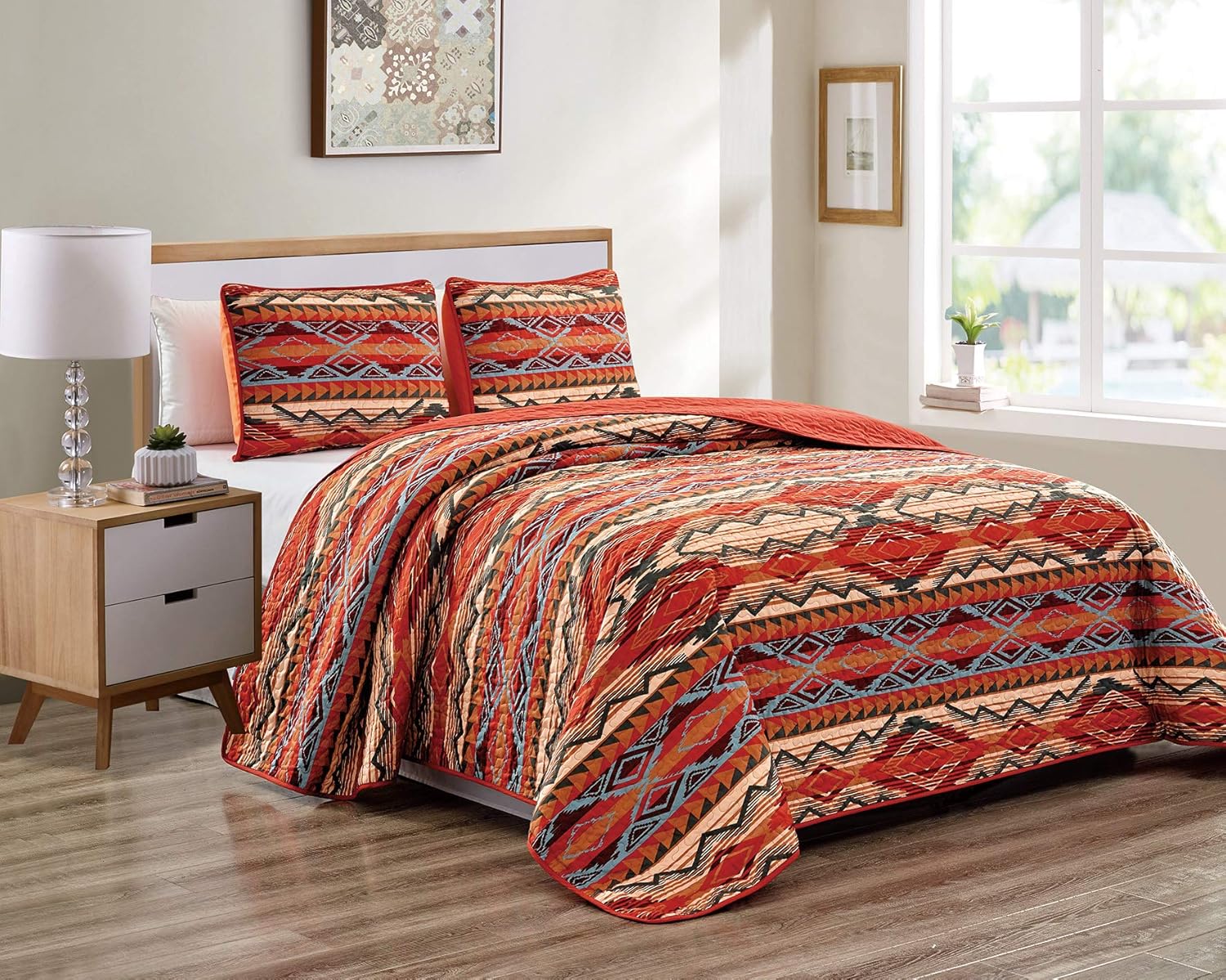 Rustic Western Native American Quilt Bedspread Coverlet Bedding Set in Modern Southwest Tribal Patterns in Soft Beige Brown Turquoise Blue Copper Burnt Orange & Rust Colors - Arizona (Full / Queen)