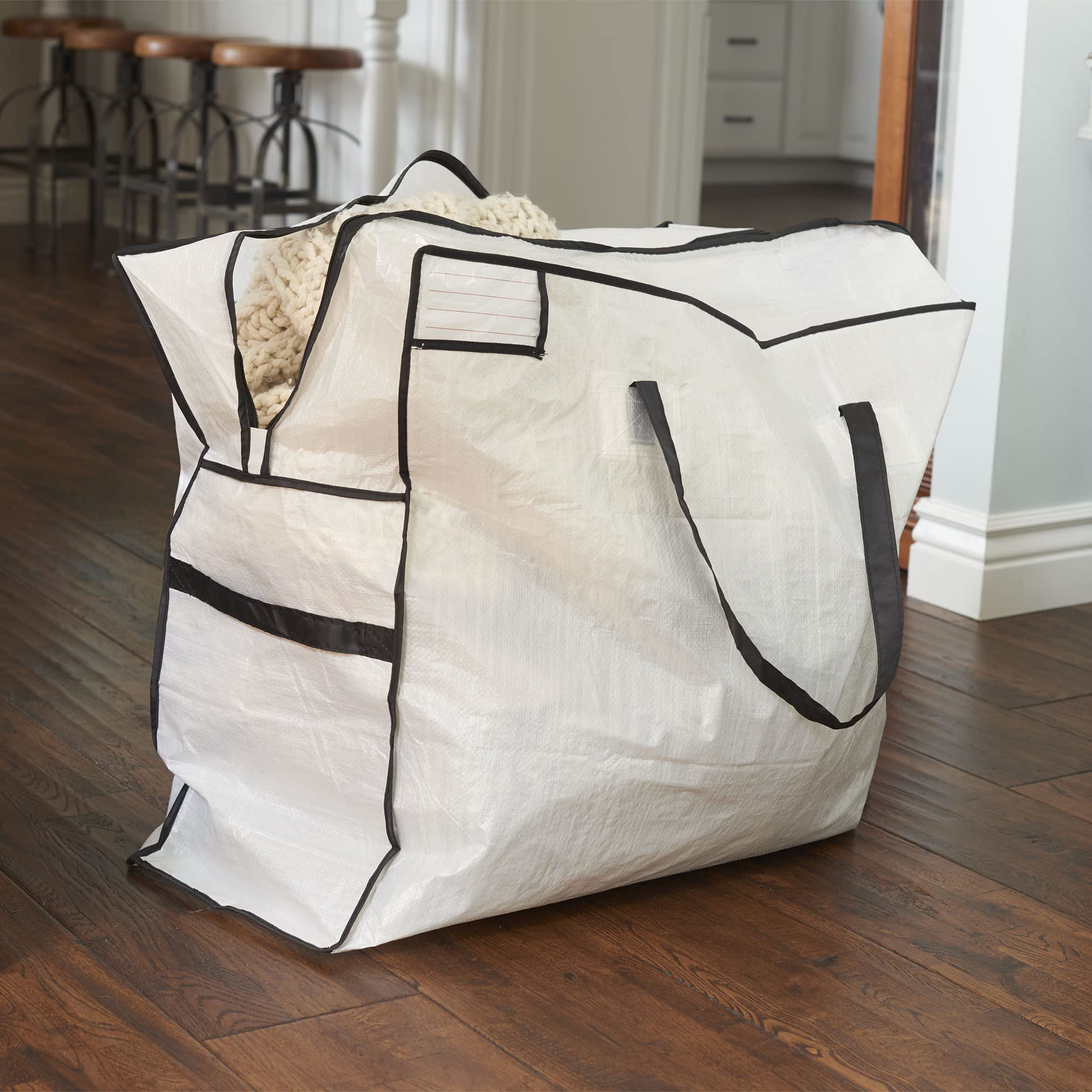 Spacious Storage Bag, Zippered Clothes Organizer for Under Bed Garage Attic, White Tarp Fabric with Black Accents