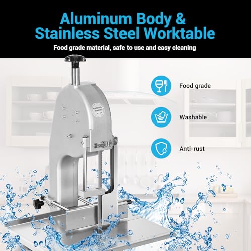 1500W Electric Meat Bone Saw Machine Commercial&Home Use Food Grade Cutter 0.6-5.9”Thickness, Butcher Band Saw Cutting Frozen Meat into Slice 20x15”Work Table for Chicken Fish Beef Bread