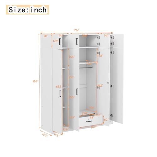 Modern Storage Wardrobe with Hanging Rods and 2 Drawers, Wood Clothes Storage Cabinet Organizer with Sliding Door and Open Shelves, Freestanding Wardrobe Cabinet for Small Spaces, Guest Room