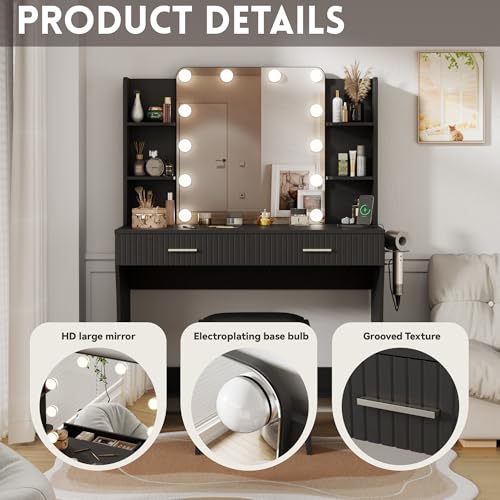 Vanity Desk with LED Lighted Mirror, Makeup Vanity with 3 Adjustable Lights, 2 Large Drawers and 4 Open Shelves, White Vanity with Storage Stool for Bedroom