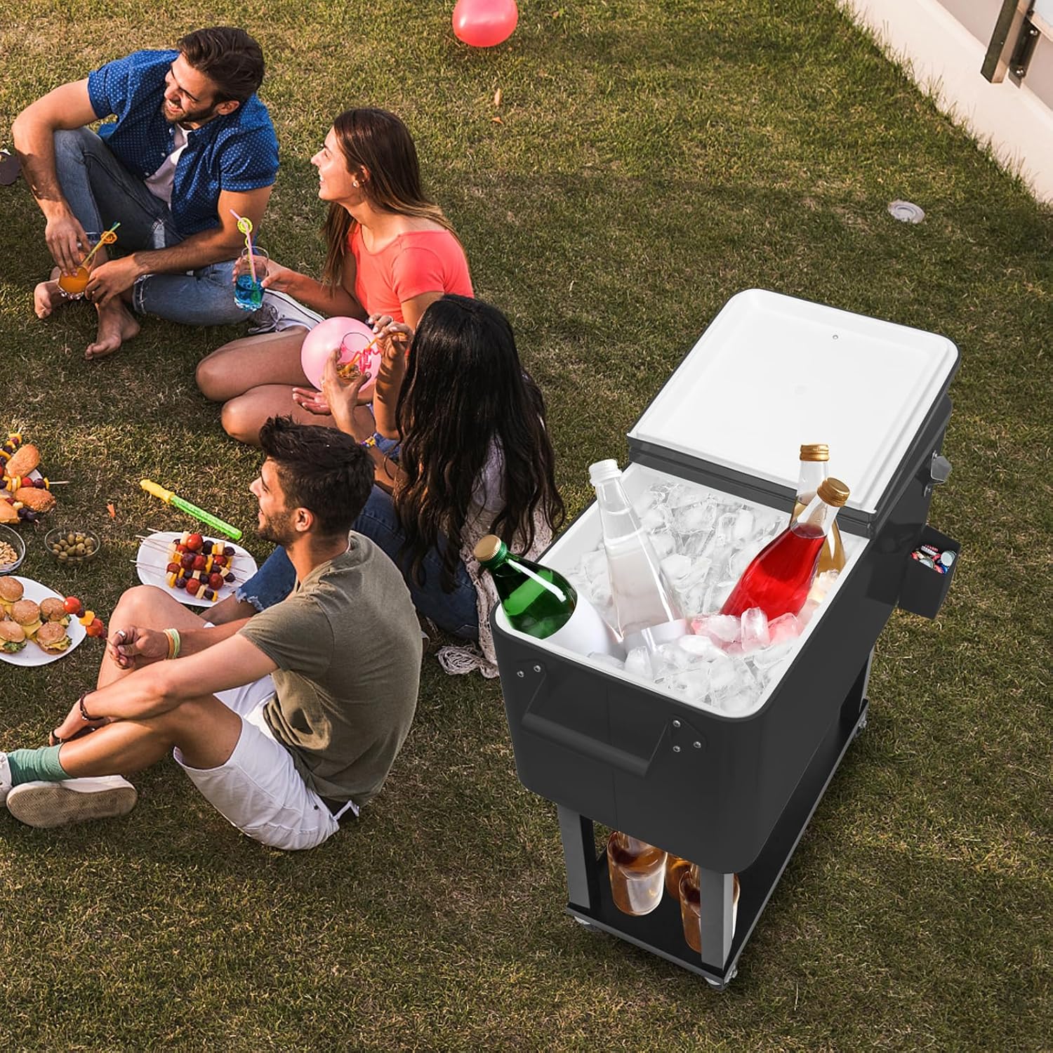 80 Quart Rolling Ice Chest, Portable Patio Party Bar Drink Cooler Cart, with Shelf, Insulated Rolling Cooler Cart with Bottle Opener, Mobile Cooler on Wheels, Rolling Cooler Cart