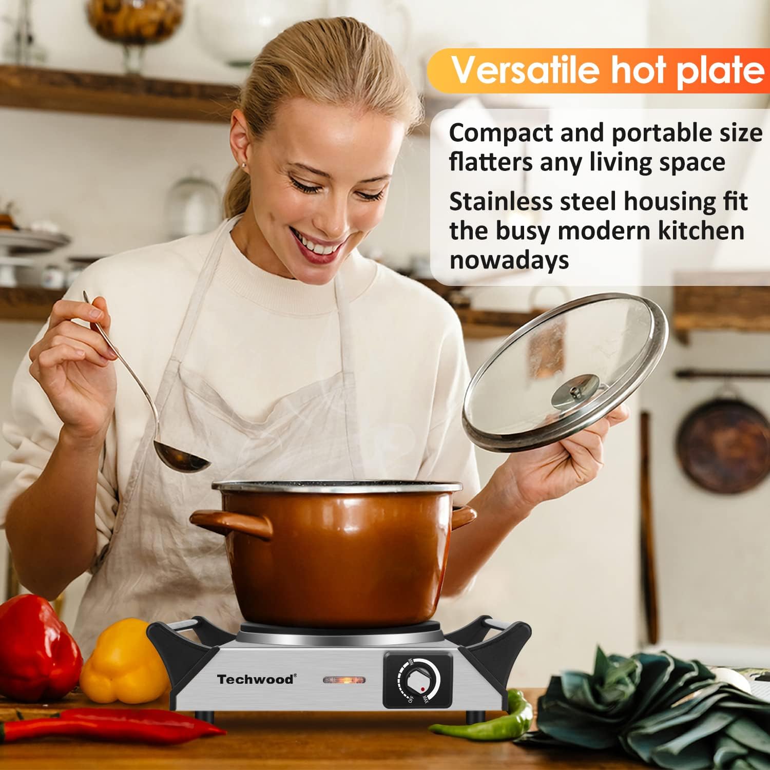 Hot Plate, Techwood Portable Electric Stove for cooking, 1200W Countertop Infrared Single Burner with Handles & 7.5&rdquo; Glass Cooktop for RV/Home/Camp, Compatible for All Cookwares Upgraded Version
