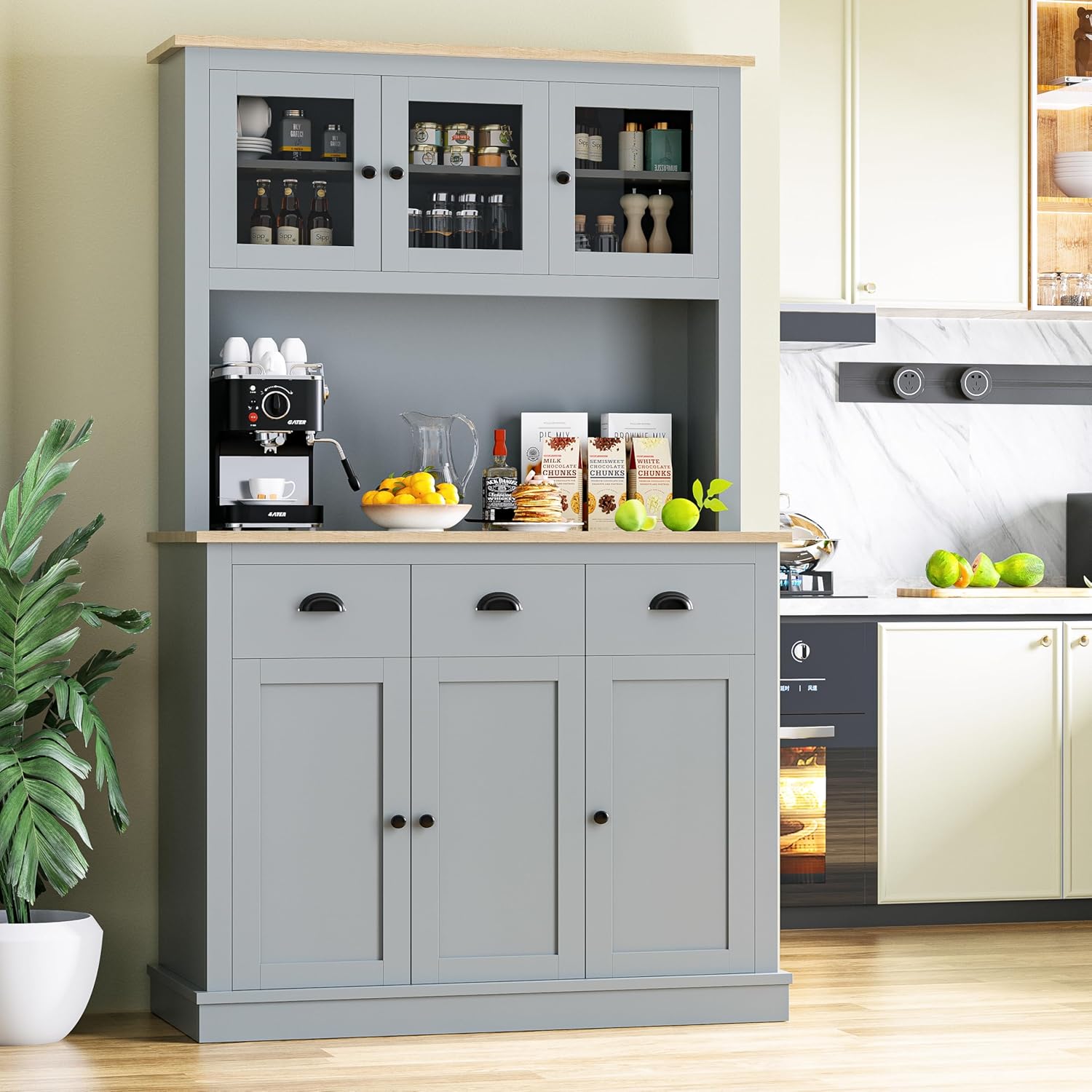 MU 71" Kitchen Hutch Storage Cabinet with Countertop, Tall Freestanding Kitchen Pantry Cabinet with Drawers, Drawers & Microwave Shelf, China Hutch for Kitchen, Dining Room, Living Room, Grey