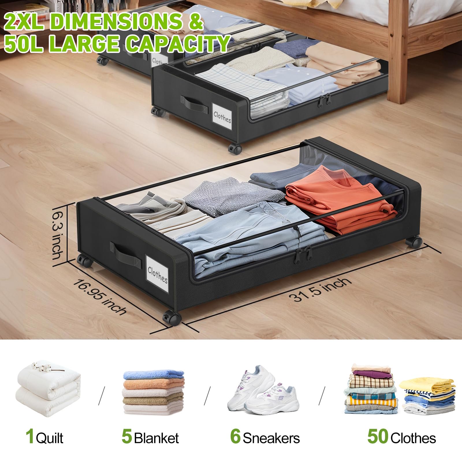 Underbed storage with wheels, 2 pack rolling storage containers, clear lid shoe organizer for seasonal clothes blankets holiday decorations, compact design, black