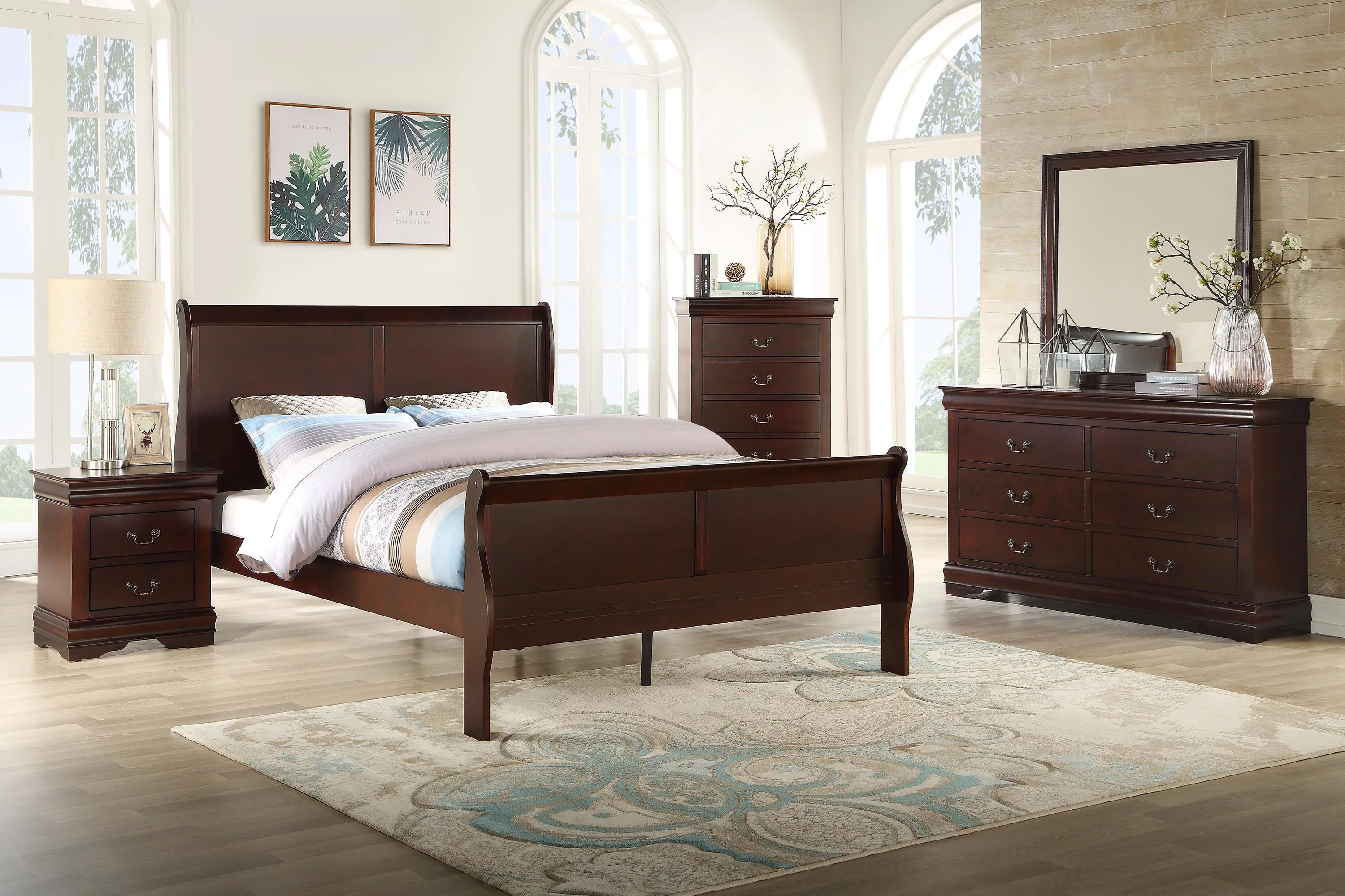 6pc Transitional King Panel Bed Set Dresser Mirror Nightstand Chest Cherry Finish Wooden Louise Bedroom Furniture