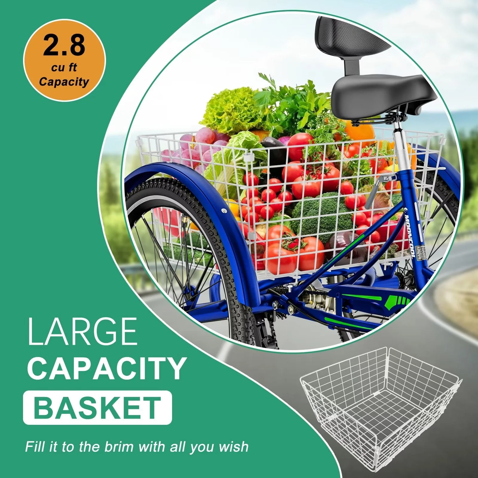 MOPHOTO Adult Tricycle for Seniors,Low Frame Three Wheel Bikes with Large Basket & Bell (Cyan, 26inch /7-Speed), 3 Wheel Cargo Bicycle,Safe and Durable Trike