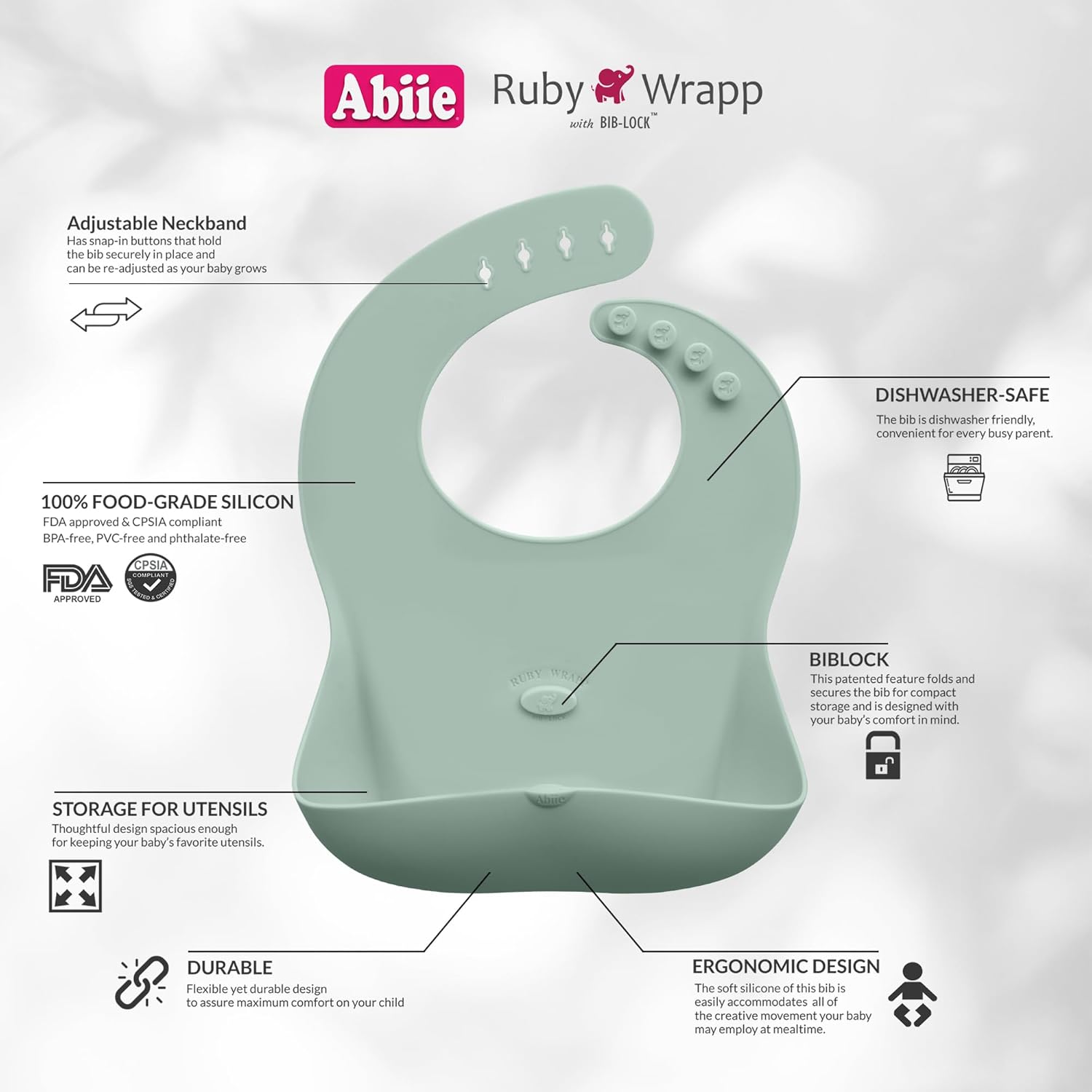 Abiie Beyond Junior Natural Wood/Blue Cushion Convertible 3-in-1 Wooden High Chairs for 6 Months to 250 lbs, and Ruby Wrapp Sage Green Waterproof Silicone Bibs with Front Pocket - Baby Essentials