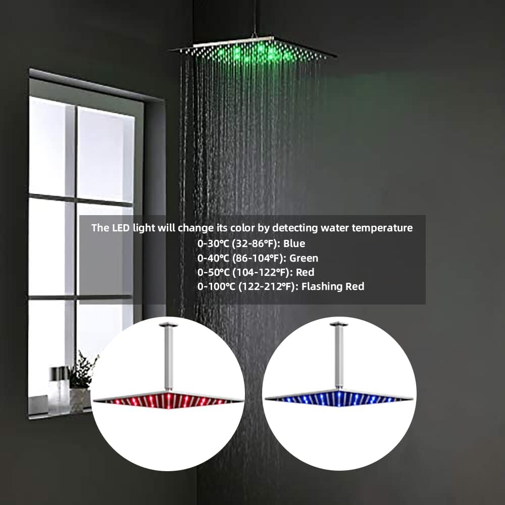 KATAIS 16 Inch LED Rain Shower Fixtures Thermostatic Multiple Rain Mixer Shower System with Body Jets, Polished Chrome Ceiling Mounted Brass Shower Faucet Combo Can Use All Functions At a Time