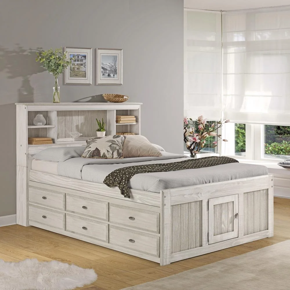 American Furniture Classics OS Home and Office Furniture Model 85221K6-22 Solid Pine Full Captains Bookcase Bed with 6 drawers in Light Ash