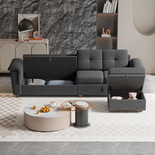 Convertible Sectional Sofa, Modern Microfibe High Back L Shaped Couch with Storage Chaise and Cup Holder 4 Seat Sofa Couches with Extra Headrests for Living Room, Apartment, Beige
