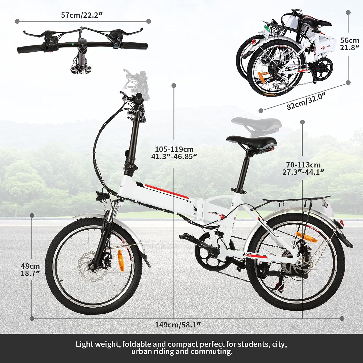 20 Folding Electric Bike with Removable Large Capacity Lithium-Ion Battery (36V 250W), Electric Bicycle 7 Speed Gear and Three Working Modes (White, 20 inch)
