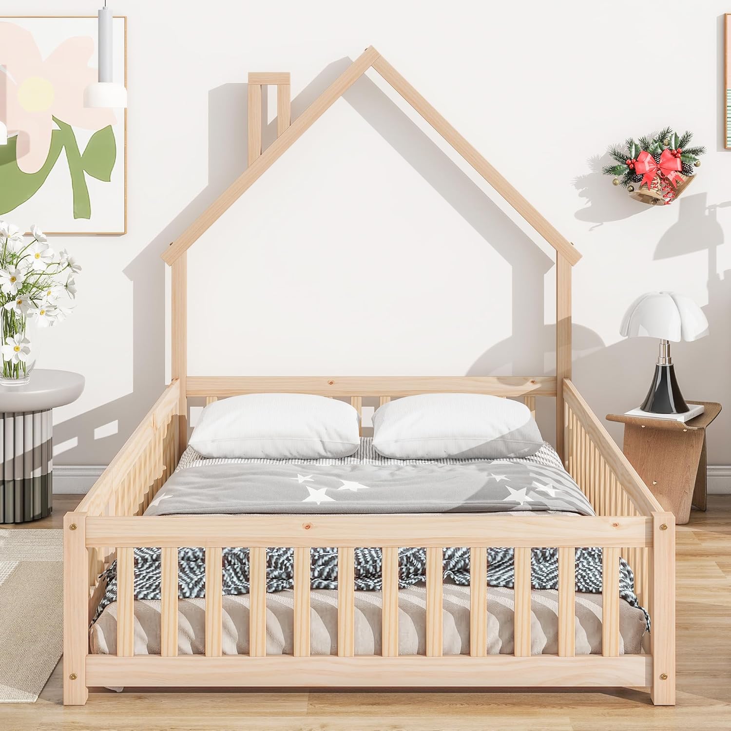 Full Size Floor Bed Frame with Fence & Door, Montessori Floor Bed with House-Shaped Headboard, Toddler Floor Bed for Kids Boys Girls, Easy Assembly, Natural