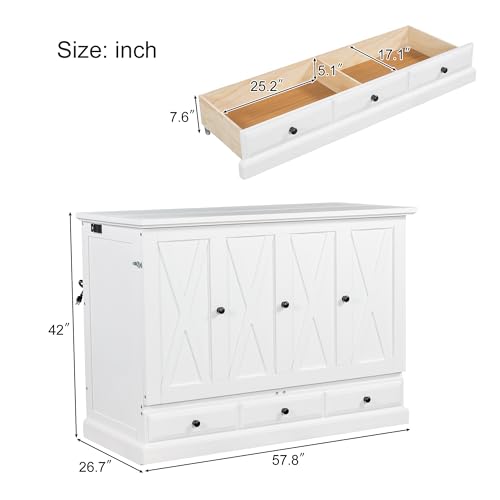 P PURLOVE Queen Size Murphy Bed Cabinet,Chest Cube Cabinet Bed with Charging Station and Large Storage Drawer,Space Saving Wall Bed for Living Room,White