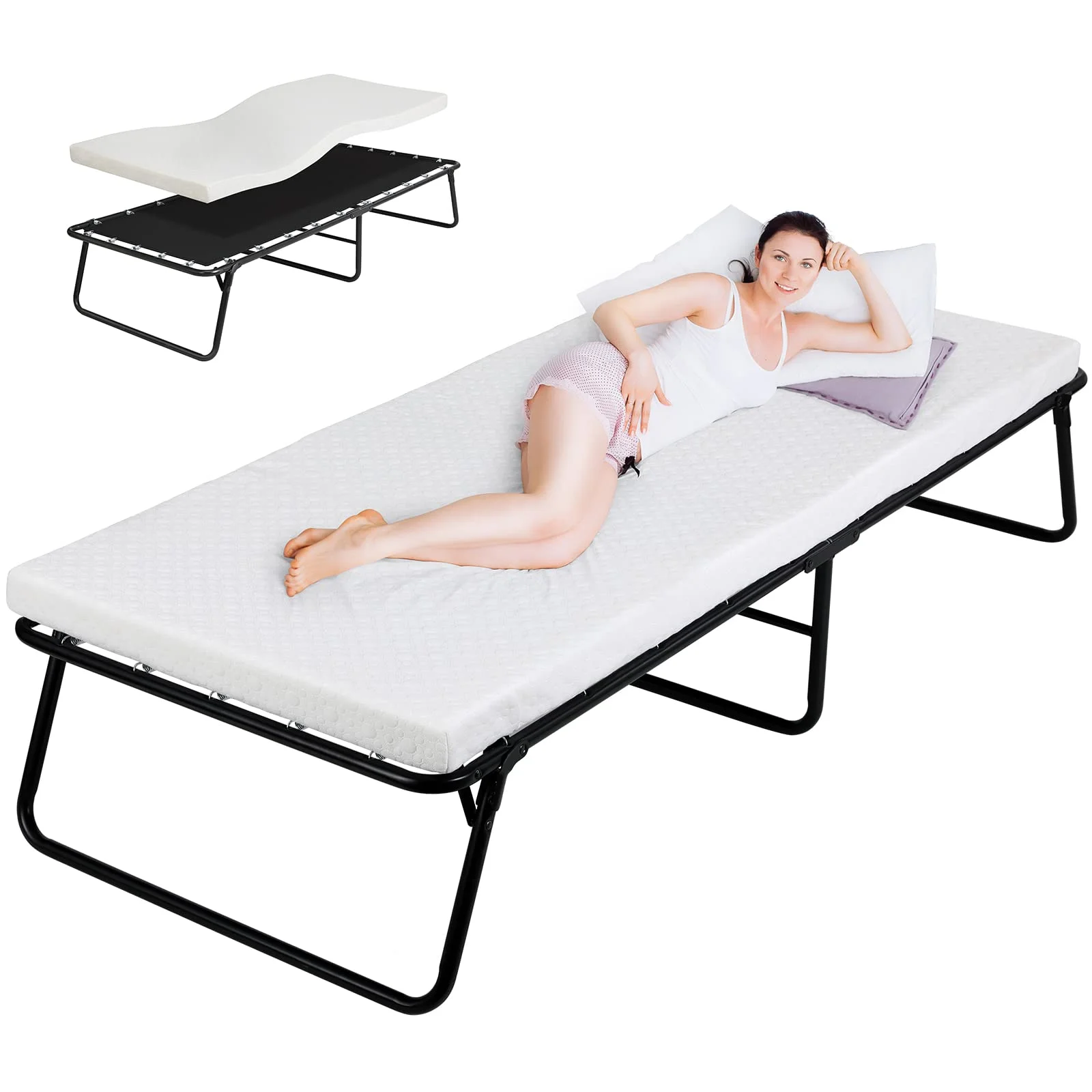 Pirecart Folding Bed,Rollaway Bed with Mattress for Adults, with Memory Foam Mattress, 75" x 31"x14"