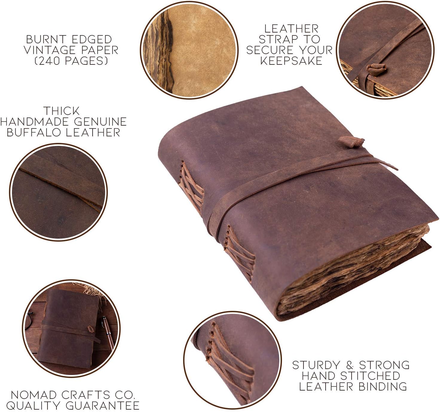 Vintage Leather Journal - Burnt Deckle Edge Vintage Paper - Handmade Leather Bound Journal - Book of Shadows Journal - Leather Sketchbook - Drawing Journal - 240 Pages (11.5" x 8.25") Pack of 2