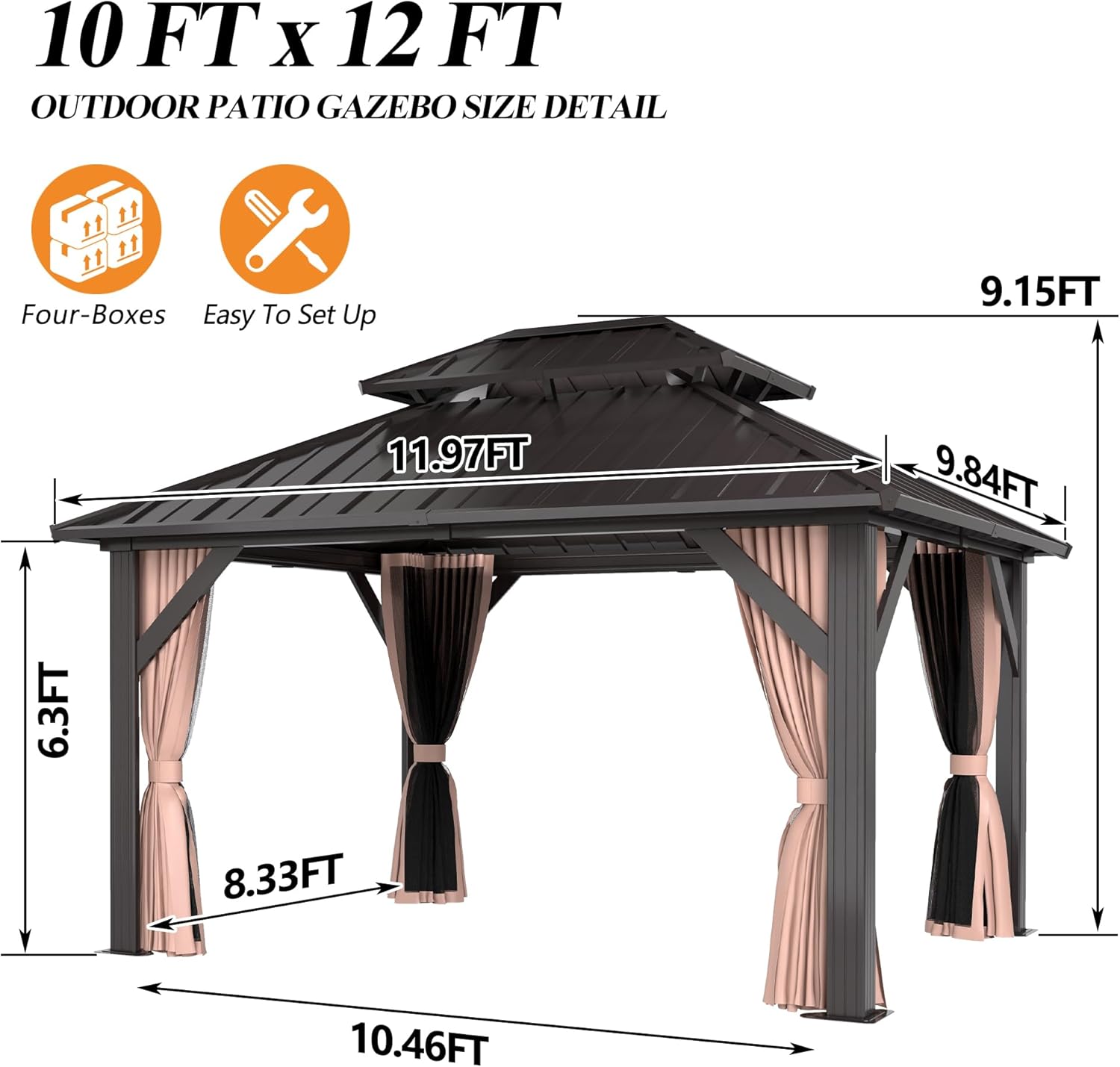 10x12FT Outdoor Hardtop Gazebo with Double Roof - Heavy-Duty Galvanized Steel Top Aluminum Frame Gazebo with Breathable Netting & Privacy Curtain for Patio, Porch, Garden, Lawn, Deck, Backyard