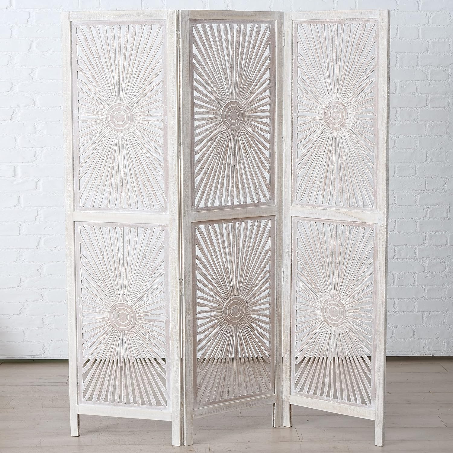 Modernist Sunburst Room Divider, Carved, Abstract Burst Motif, 3 Panel, Vintage Style, Rustic Pale Wood, White Wash Distressed, Mango and MDF Wood, Approx. 6 Ft Tall, 71.75 Inches Tall (182 H cm)