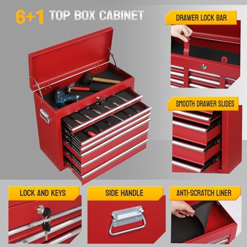 TUFFIOM 5-Drawer Rolling Tool Chest Storage Cabinet w/Drawers, Wheels, Detachable Top & Adjustable Shelf, Mechanic Tool Organizer Box for Garage, Workshop, Warehouse & Repair Shop, Red & Black