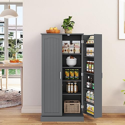 Yusong 72'' Tall Kitchen Pantry Cabinet, Farmhouse Storage Cabinet with 4 Doors, Drawer and Adjustable Shelf, Freestanding Wooden Cupboard Buffet for Dining Room Living Room, White