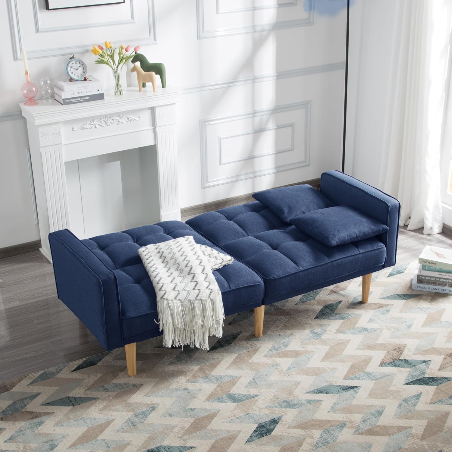 Sleeper 71.5" Tufted Futon Sofa Bed, Modern Fabric Folding Loveseat Couch Convertible Recliner Lounge with Wooden Legs and 2 Square Pillows for Living Room, Apartment, Office, Navy Blue