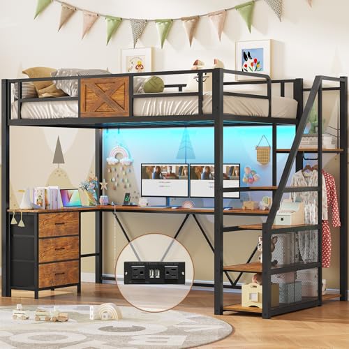 Itaar Stairway Twin Size Loft Bed with L Shaped Desk and Wardrobe, Metal Loft Bed Frame with Storage Stairs,3 Fabric Drawers, LED Lights & Charging Sation,No Noise & No Box Spring Needed, White