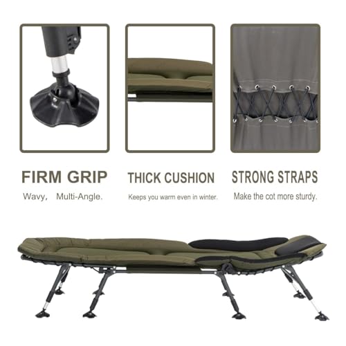 XXL Camping Cots for Adults 330Lbs with Carry Bag, Heavy Duty Folding Bed with Soft Padded Cushion, Portable Military Cot for Hunting, 180° Adjustable Reclining Outdoor Lounger