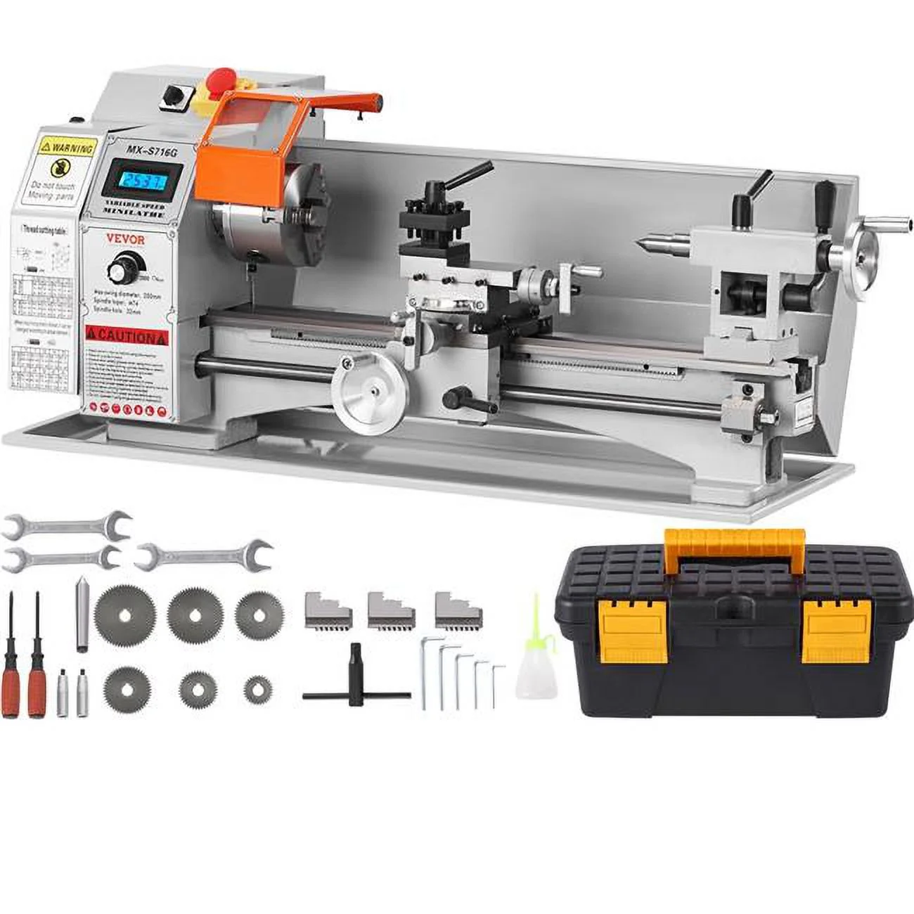 Vevor  7 x 16 in. 800W Mini Metal Lathe Machine, Precision Benchtop Power Metal Lathe, 150-2500 RPM Continuously Variable Speed, with 3.9 in. 3-Jaw Metal Chuck Tool Box - Curated Treasures Market
