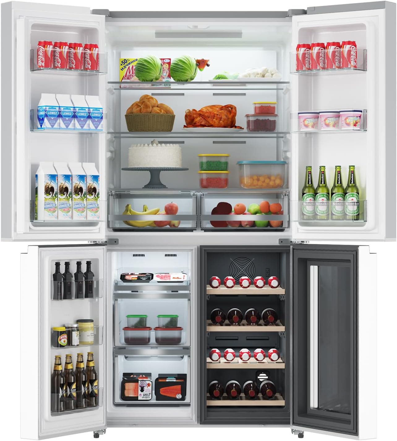 36 Inch Large Capacity French Door Refrigerator, 21 cu.ft Refrigerator with 4 Doors & Wine Cabinet, Dual Ice Maker, Adjustable Glass Shelves