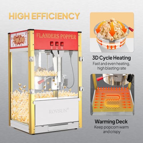 ROVSUN Popcorn Machine with 16 Ounce Kettle, Countertop Popcorn Maker Commercial Popcorn Machine w/Stainless Steel Scoop, Oil Spoon & 3 Popcorn Cups for Home Movie Theater, Red