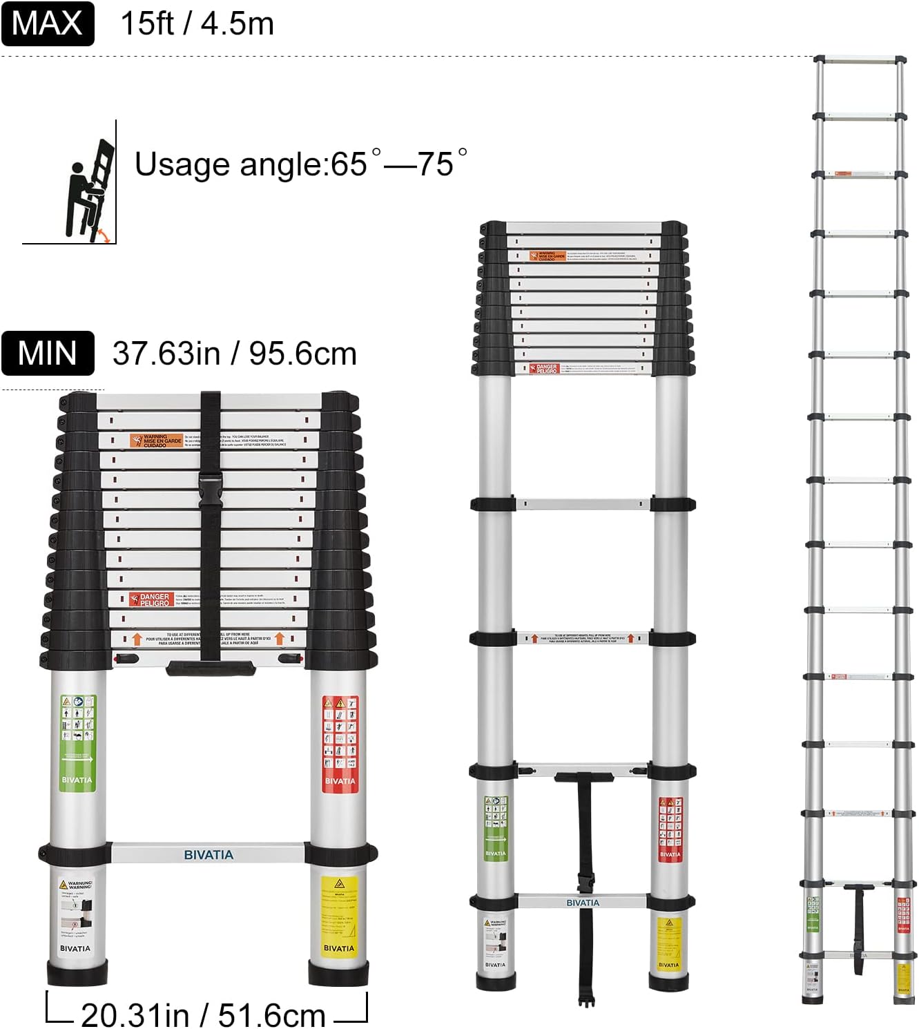 Bivatia 15 Ft Smartsafe Aluminum Telescoping Ladder: Telescopic Extension Ladder Retraction Collapsible Ladder Portable Folding Lightweight Ladder Type 1A with 18.3 ft. Max Reach