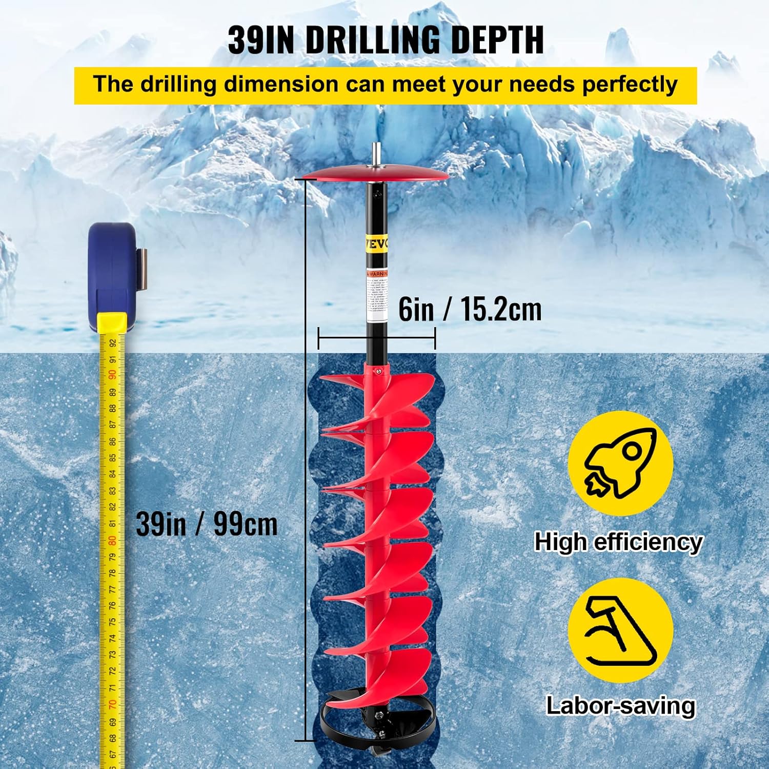 VEVOR Ice Drill Auger, 6" Diameter Nylon Ice Auger, 39" Length Ice Auger Bit,Auger Drill with 11.8" Extension Rod,Auger Bit w/ Drill Adapter,Top Plate & Blade Guard for Ice Fishing Ice Burrowing Red