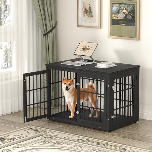 48 Inch Heavy Duty Dog Crate Furniture for Large Dogs, Decorative Pet House End Table, Extra Large Wooden Cage Kennel Furniture Indoor, Natural and White