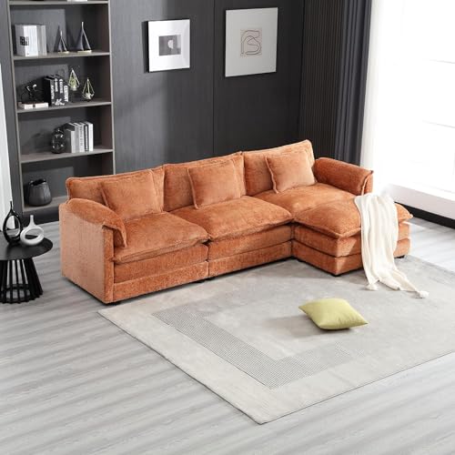 U-Shaped Oversized Chenille Upholstered Modular Sectional Sofa Modern Deep Seat Reversible Chaises Cloud Couch Convertible Living Room Sleeper Sofabed with Movable Ottomans for Home, Apartment