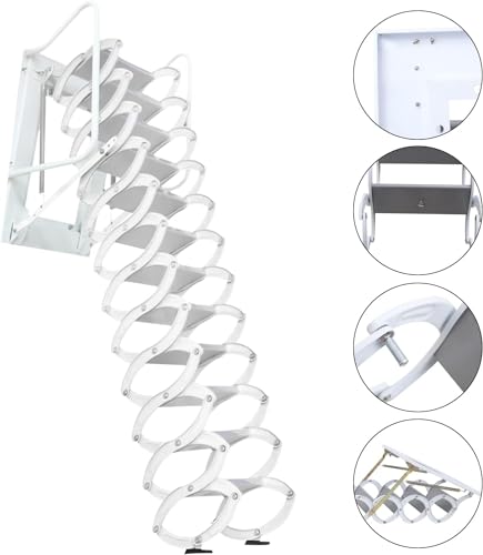 Attic Ladder Telescopic Ladder, 12 Steps Wall Mounted Folding Stairs Pull Down Loft Ladder Heavy Duty Al-Mg Alloy Attic Access Ladder 9.5-10FT Height with Armrests, 882LB Load Capacity