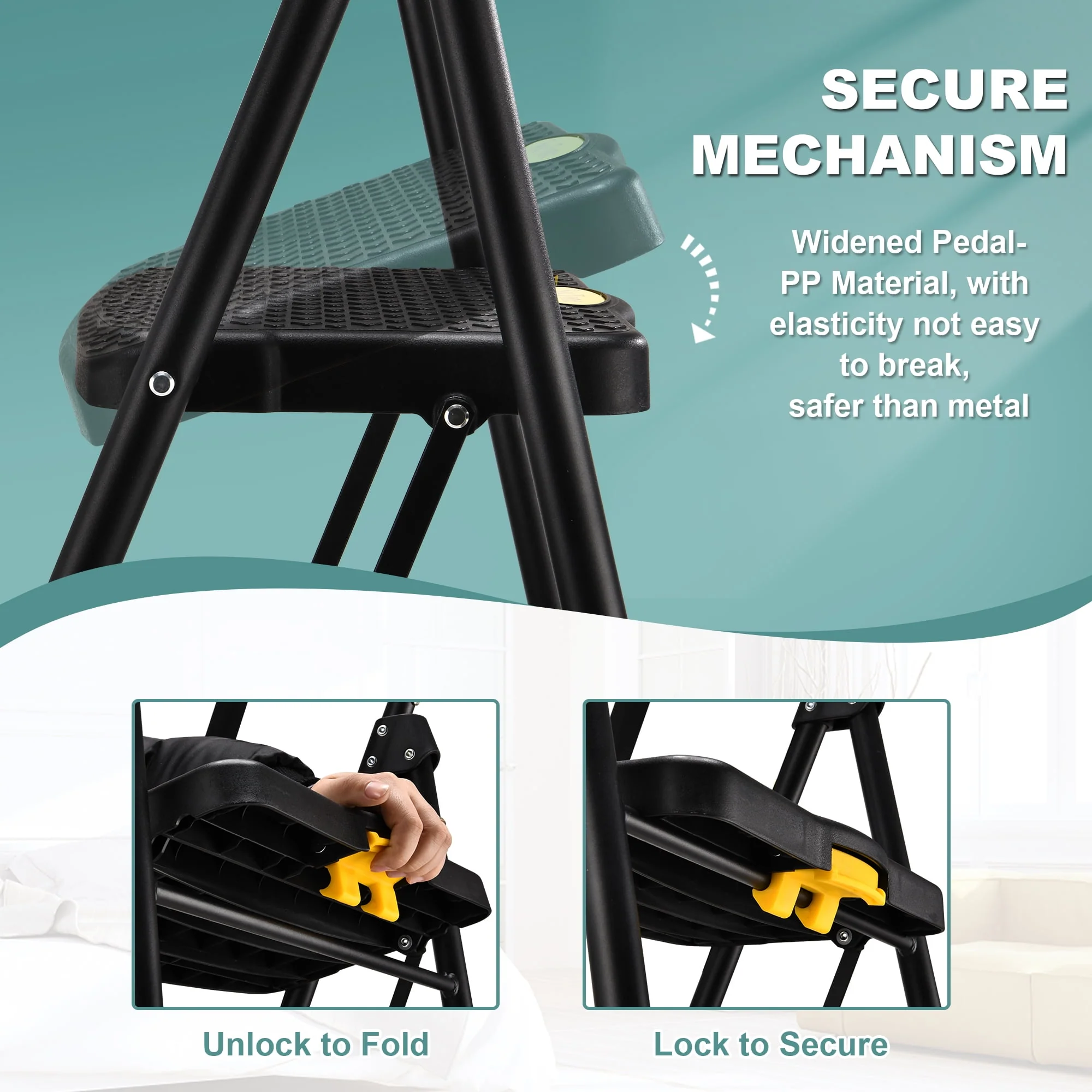 HBTower Folding 5-Step Ladder, 330lbs, with Handrails and Tool Tray and Anti-Slip Pedal, Black