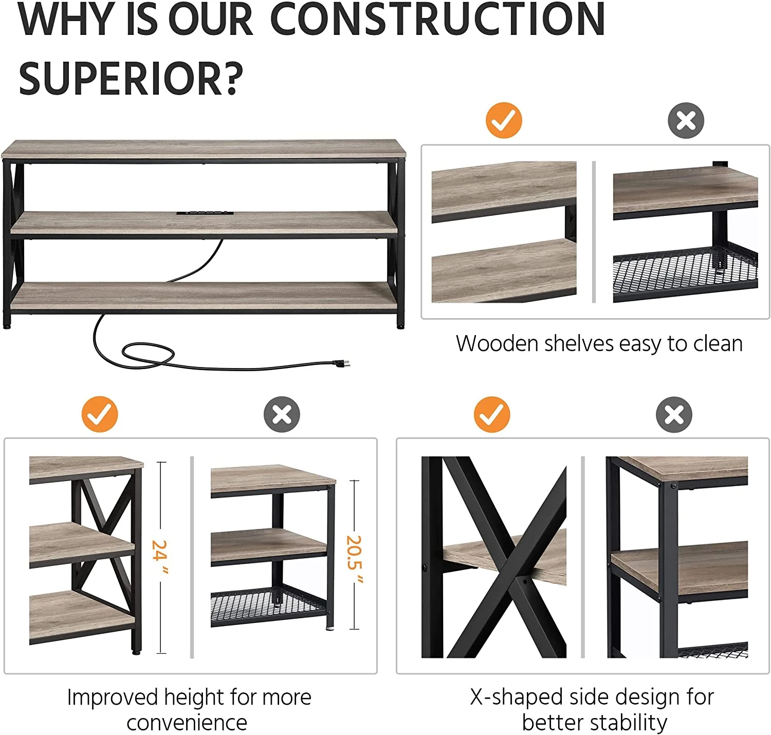 TV Stand for TV up to 65 inch, Industrial TV Cabinet with Power Outlets for Living Room, Media Entertainment Center TV Console with 3 Tier Storage Shelves & Charging Station, Rustic Brown