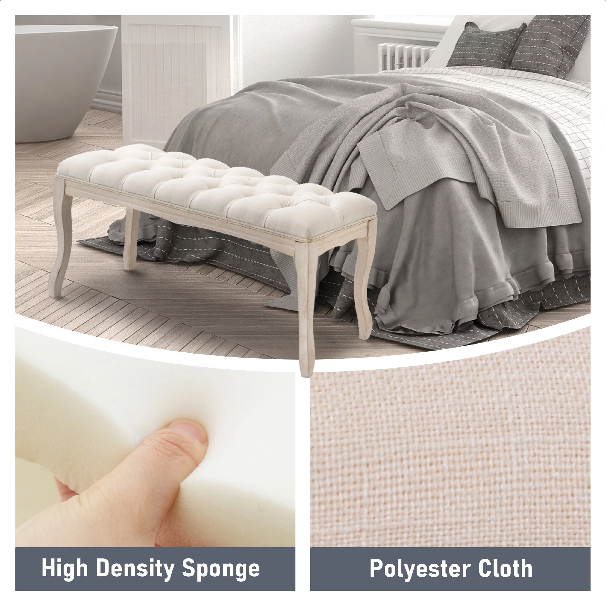 Pellebant Upholstered Tufted Bed Bench, Wood Ottoman Rectangular Footrest,Beige