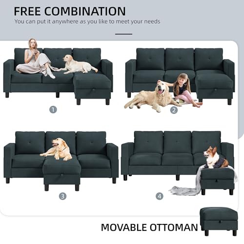 Shintenchi Upholstered Convertible Sectional Sofa for Living Room, 3 Seat L Shaped Couches with Storage Function Ottoman, Modern Linen Convertible Sofas with Reversible Chaise