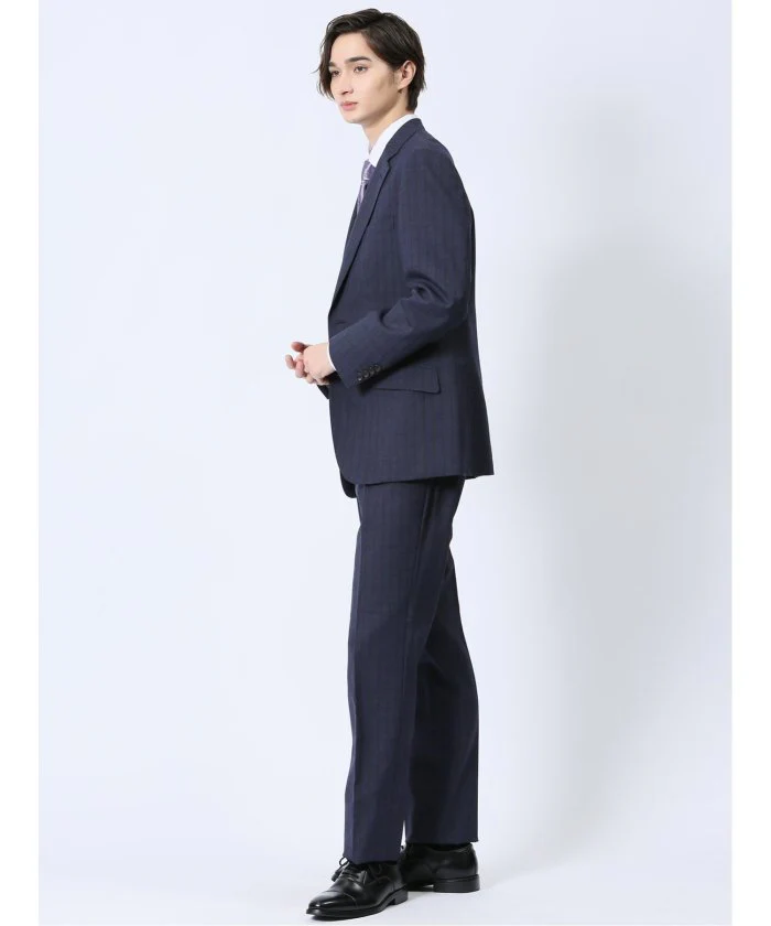 Wool Blend Regular Fit 2-Button 2-Piece Suit Navy Stripe