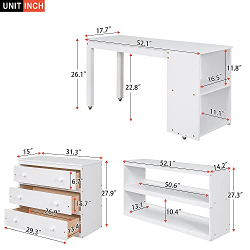 Maximized Space Functional Low Study Loft Bed with Desk, Cabinet, Bookshelf, and Rolling Portable Desk – High-Grade Pinewood Frame with Full-Length Guardrail for Enhanced Safety (White,Full)