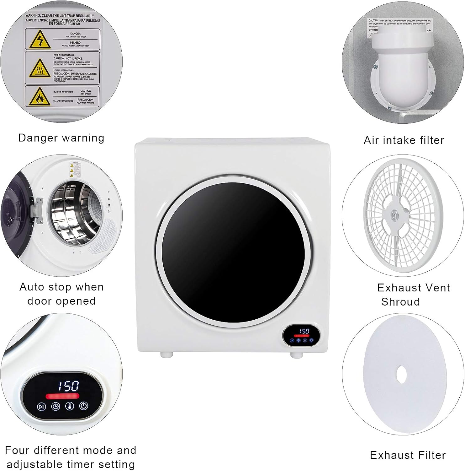 Winado Compact Laundry Dryer 9lbs Capacity, 2.6 cu.ft Portable Clothes Dryer, Front Load Dryer w/LED Control Screen, Stainless Steel Drum for Apartment Home Dorm 110V 1400W