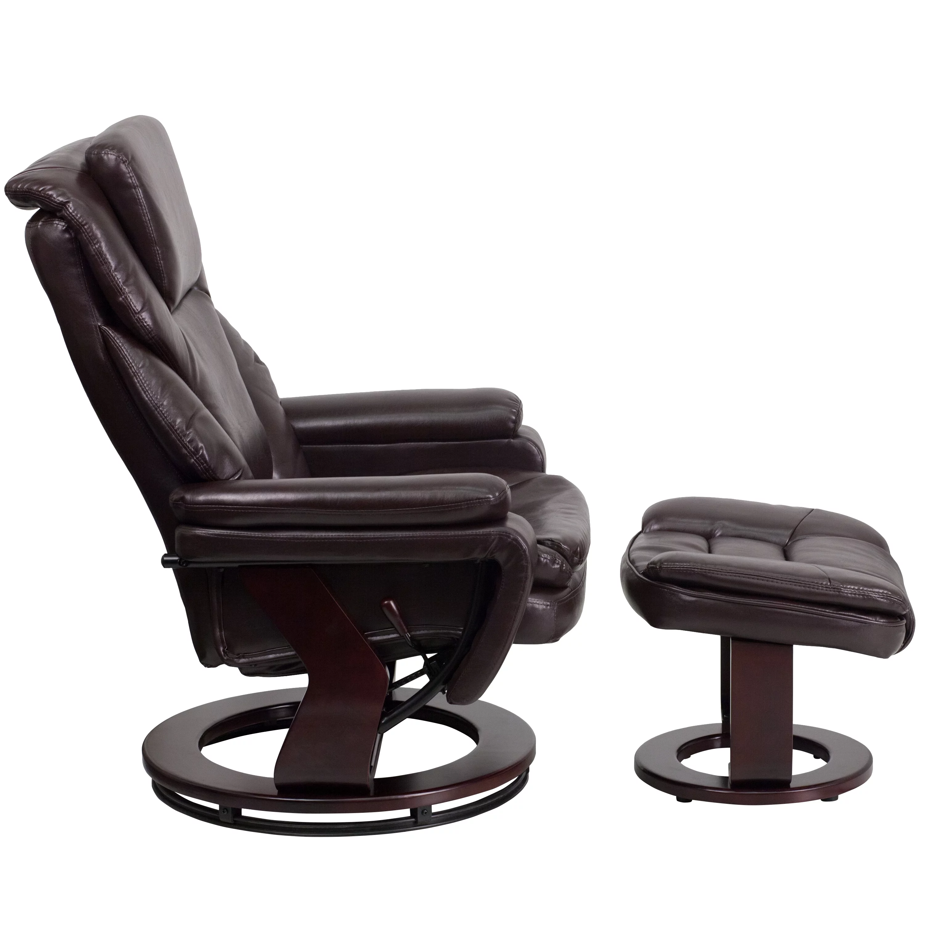 BizChair Contemporary Multi-Position Recliner and Ottoman with Swivel Mahogany Wood Base in Brown LeatherSoft