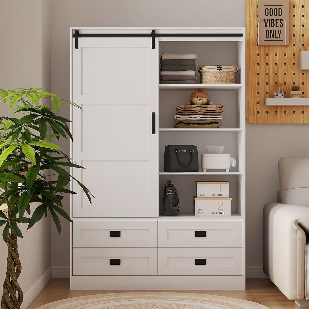 Solid Wood Armoire Wardrobe Closet, Large Wardrobe Cabinet with Sliding Barn Door, 4 Drawers, 3 Adjustable Shelves & Hanging Rod, Freestanding Wooden Closet for Bedroom, 47.3"W x 70.9" H x 20.5"D