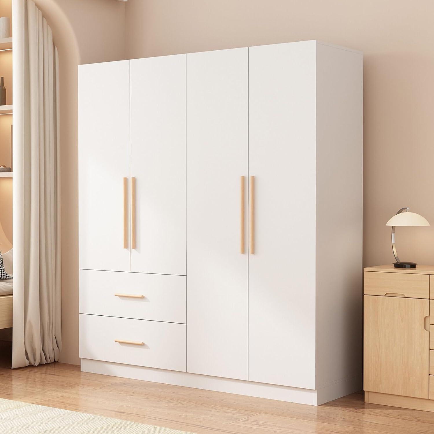 Tall Wooden Wardrobe Armoire Cabinet 4-Door 2-Drawer Free-Standing Wood Furniture Organizer for Clothing Storage, White, E355157241470